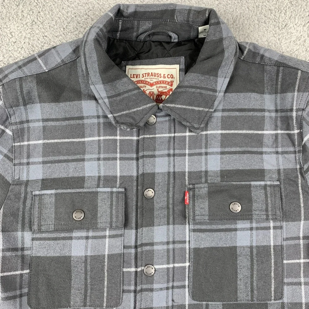 Levis Jacket Mens Medium‎ Grey Flannel Quilted Filled Shacket Inside Pocket Coat